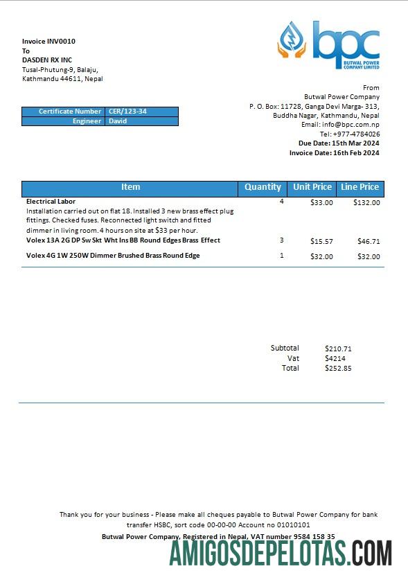 imprimível Nepal Butwal Power Company Limited Modelo de conta de serviços públicos de eletricidade em formatos Word e PDF